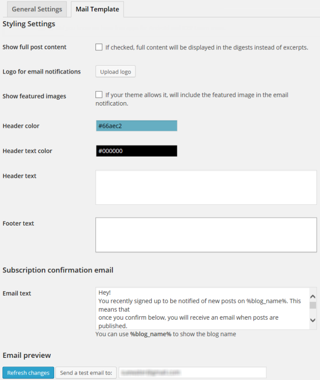 Mail Template settings